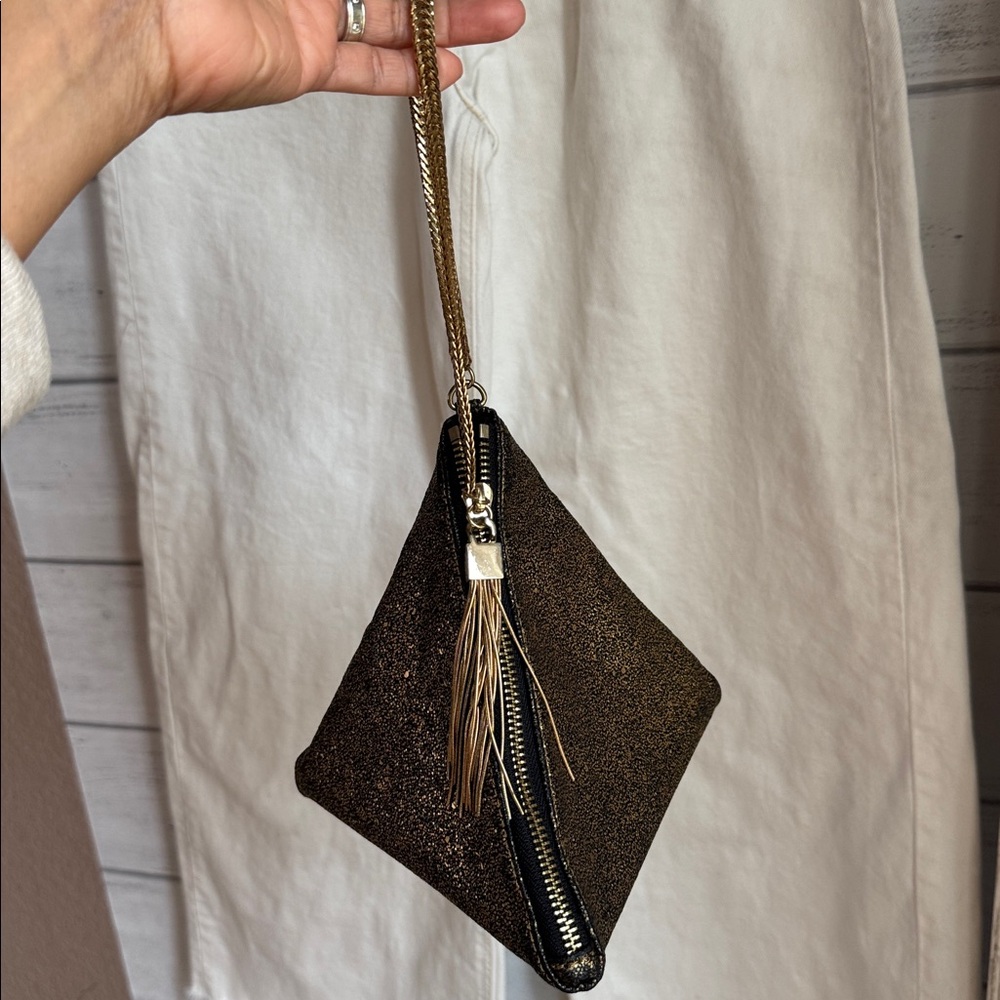 Street Level Triangular Gold Metallic Clutch Bag - image 7